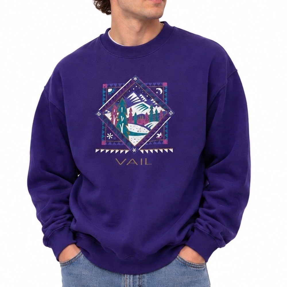 Vintage 90s Jerzees Vail Colorado Mountain Graphic Sweatshirt Purple XL Mens
